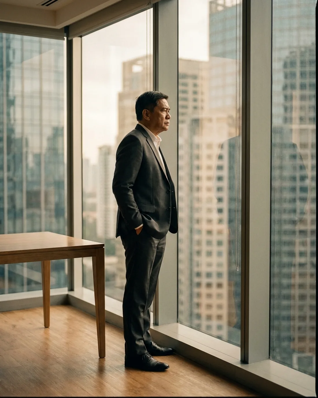 A senior executive standing composed by a window in a quiet office above the city